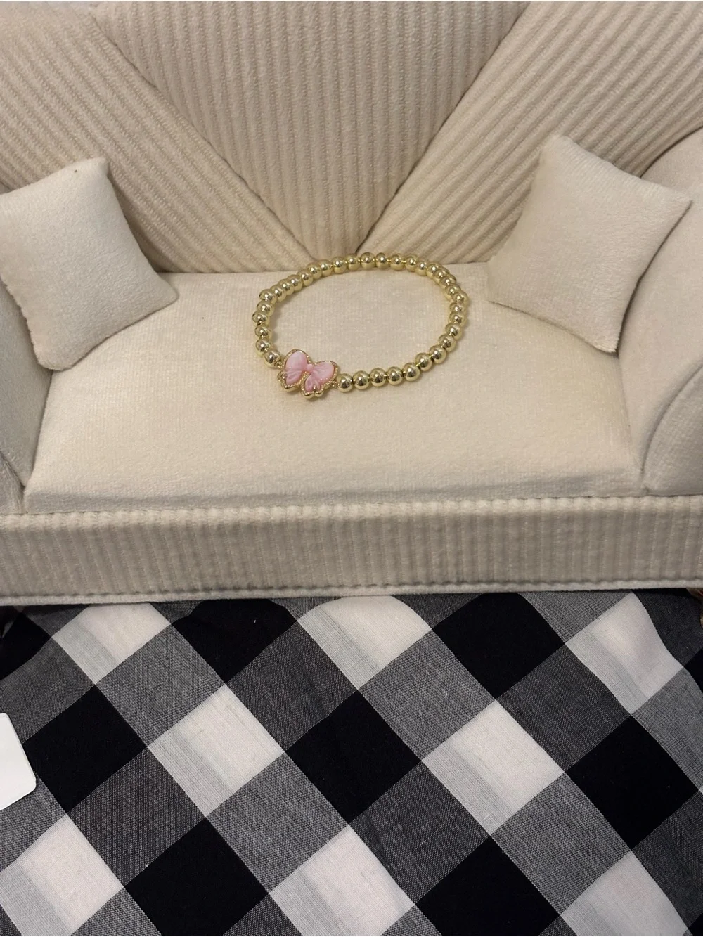 Gold Beaded Bracelet with Pink Butterfly Charm